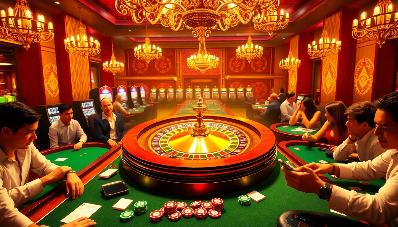 Experience thrilling gameplay at uu888 casino, featuring poker tables, roulette wheels, and exciting slot machines in a vibrant atmosphere.